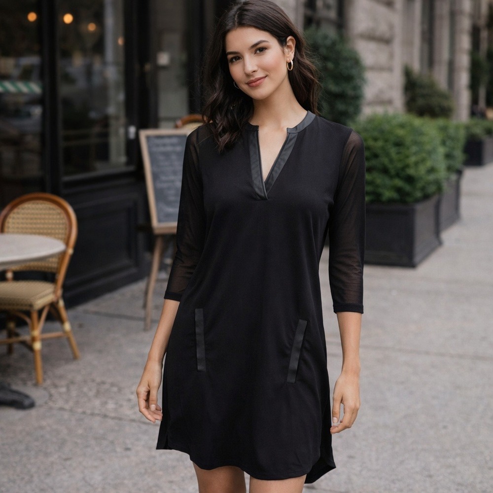 Rudsak Black V Neck Mini Dress Mesh Sleeve Leather Trim P/S